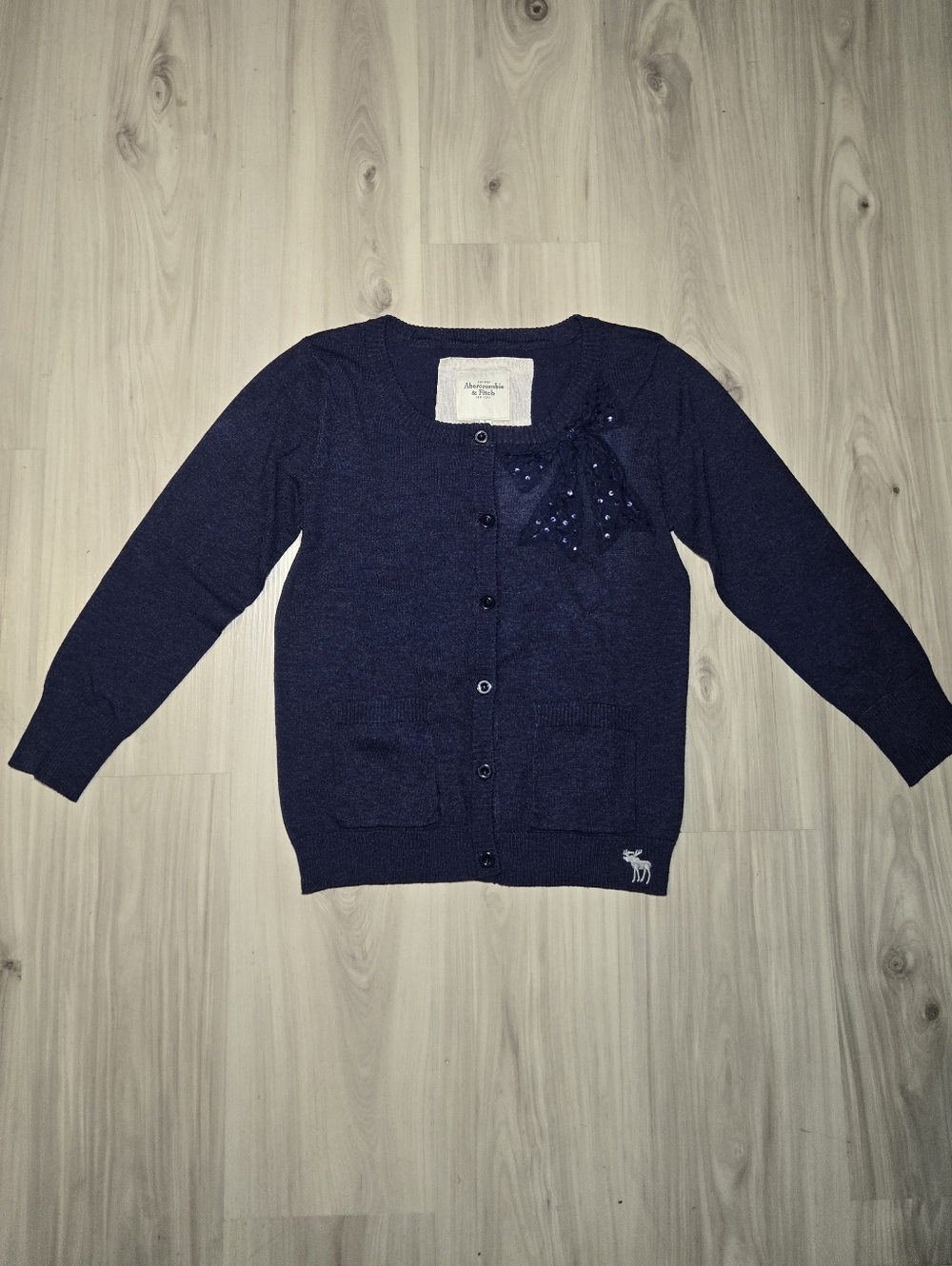 Vtg Y2K Abercrombie & Fitch Navy Blue Cardigan w/ Sequin Lace Bow - Size L